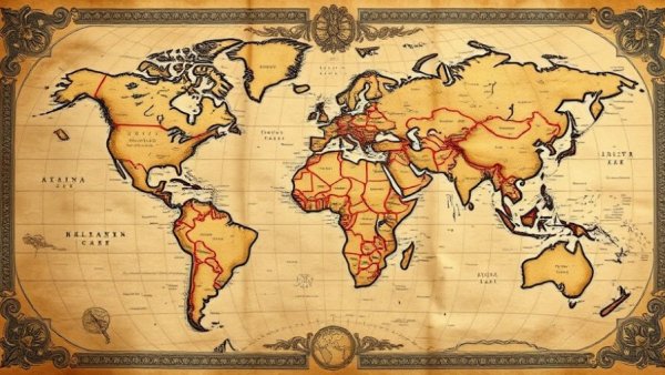 Antique world map with geographical detail, historic cartography style.
