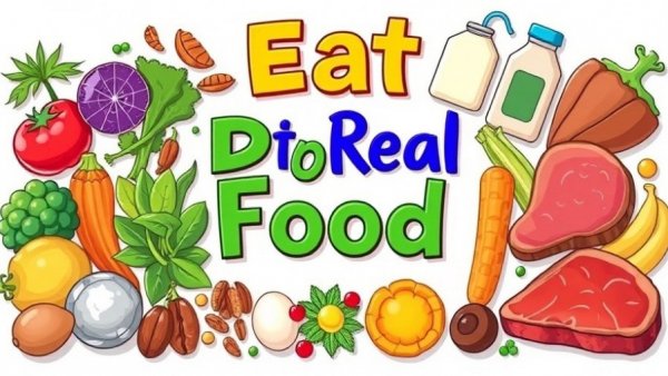 Vibrant assortment of real foods promoting 'Eat Real Food'.