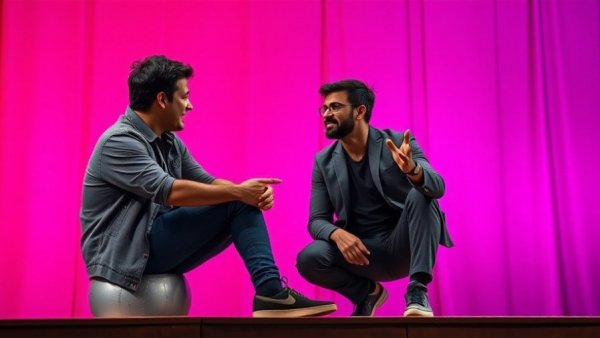 Two individuals discussing energy management on a vibrant stage.