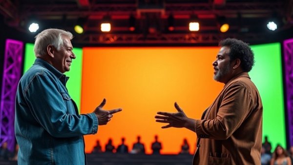 Two speakers discussing personal development on vibrant stage.