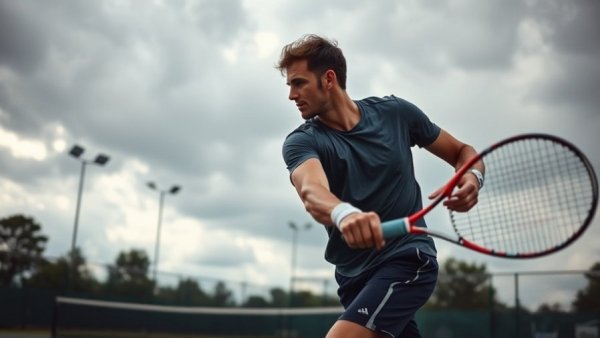 Dynamic tennis player practicing on a court under cloudy skies.