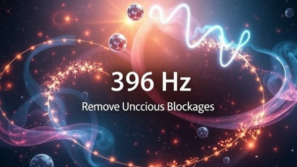 396 Hz Remove Unconscious Blockages cosmic scene with energetic light swirls.