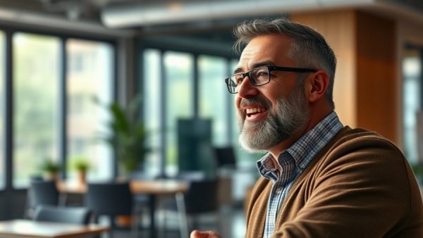 Motivational speaker addressing self-limiting beliefs in an office.