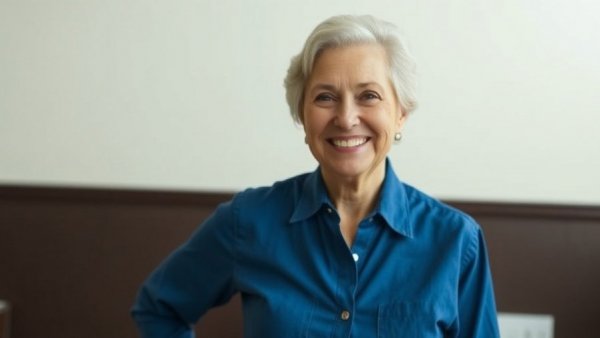 Smiling older woman in blue shirt discussing health benefits, related to Potassium Deficiency and High Blood Pressure.