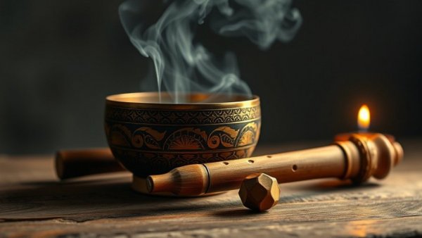 Tibetan singing bowl and Indian flute with incense smoke on wooden surface.