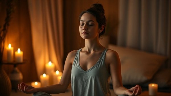 Calm meditation setting with 432 Hz singing bowls and candles.