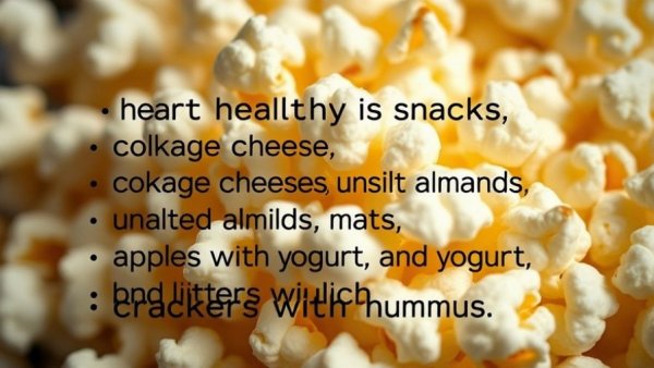 Heart-healthy snacks list on popcorn background, promoting healthy eating.