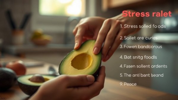 Hands preparing an avocado, foods for stress relief list shown.