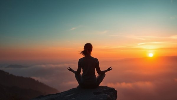 Serene woman meditating during sunset for emotional and physical healing.