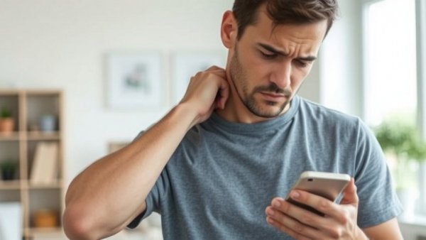 A person relieving text neck discomfort while using a smartphone indoors.