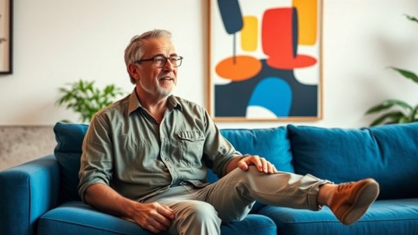Man sitting on couch in modern living room, discussing mold contamination.