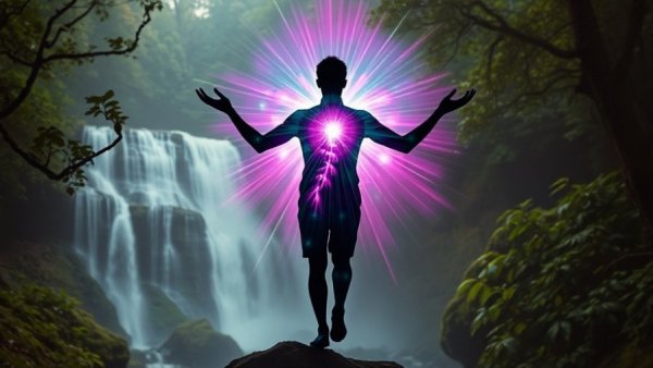 Vibrant aura silhouette meditating in forest, Solfeggio frequencies.