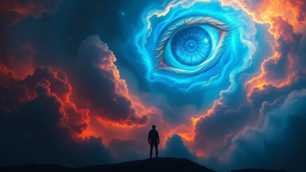 Mystical cosmic eye and spiritual awakening scene with vibrant nebula.
