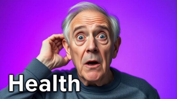 Older man shaking ears for health benefits with vibrant text.