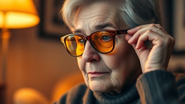 Elderly woman in yellow glasses adjusting them in warm light.
