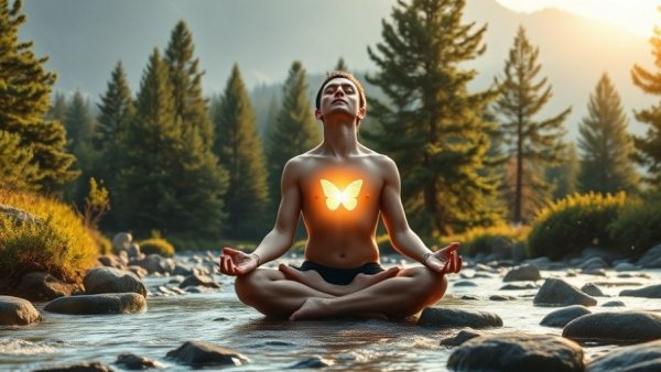 Serene meditation with positive energy vibration in peaceful forest.