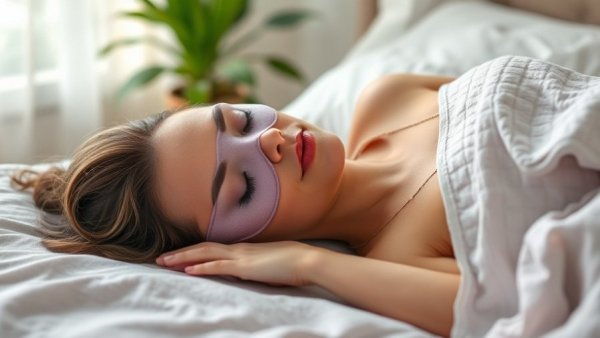 Lavender sleep mask on bedside table highlights benefits of using a sleep mask.