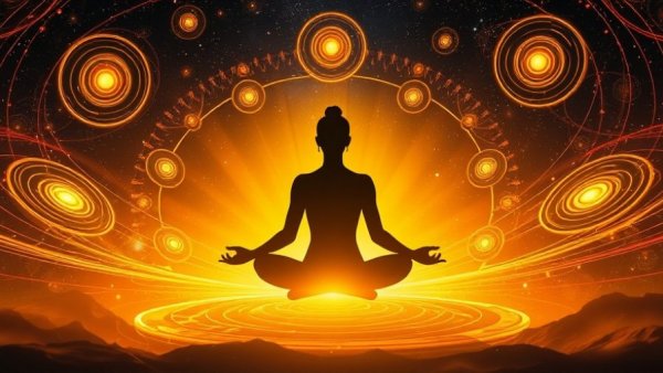 Silhouette meditating with golden spirals, related to 528 Hz Miracle Healing Frequency.