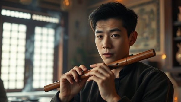 Serene young man playing flute in calming setting, 639 Hz Solfeggio Frequency.