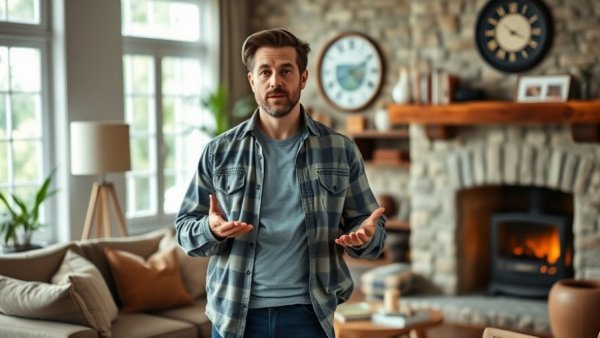 AI and Personal Growth: Man discussing time management in cozy room.