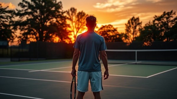 Tennis court sunset scene with text 'You Don’t Owe Anyone a Smaller Version of You'.