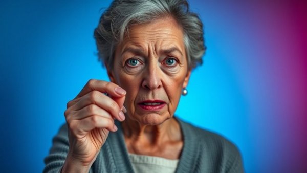 Concerned elderly woman during heart attack emergency holding aspirin.