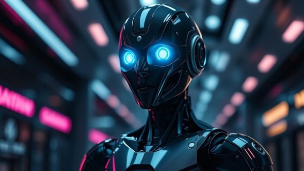 Futuristic humanoid robot in a modern setting, AI to free us from busyness.