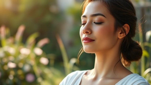 Woman practicing Reiki self-treatment in a tranquil garden setting.