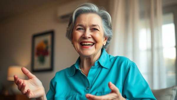 Smiling elderly woman gesturing in a turquoise shirt, indoor setting.