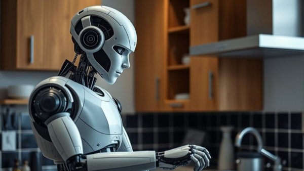 Celebrating AI in mindset transformation with a humanoid robot in kitchen.