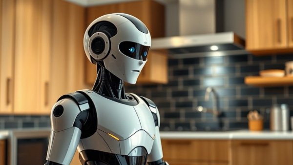 Humanoid robot in a minimalist kitchen, embracing AI for healing theme.