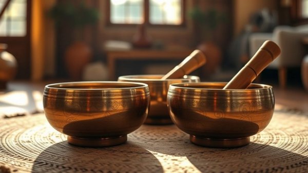 Intricate Tibetan singing bowls for resetting your mind in sunlight.