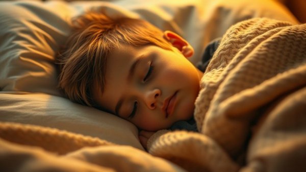 Peaceful child sleeping under a warm blanket, cozy bedroom atmosphere.
