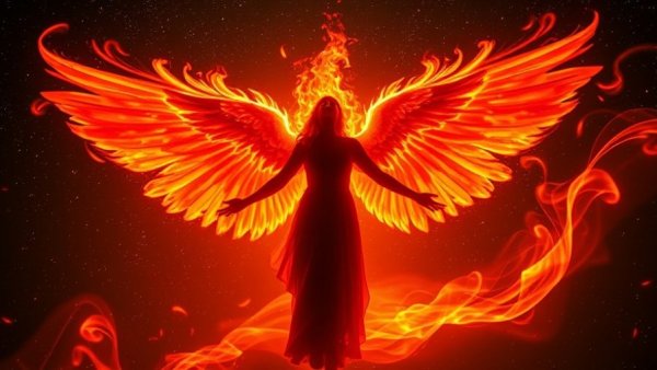 Ethereal angel with fiery wings in cosmic setting.