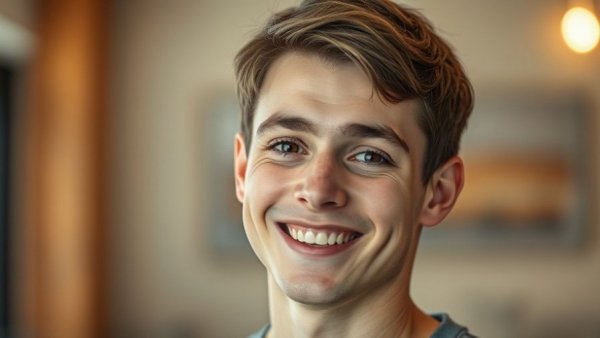 Smiling young man indoors, same people supercharged.
