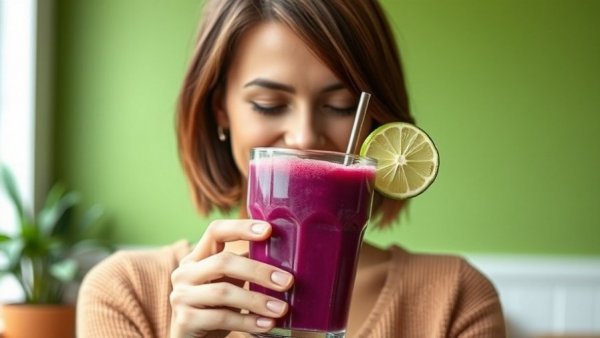Confident woman holding smoothie, discussing metabolism protection.