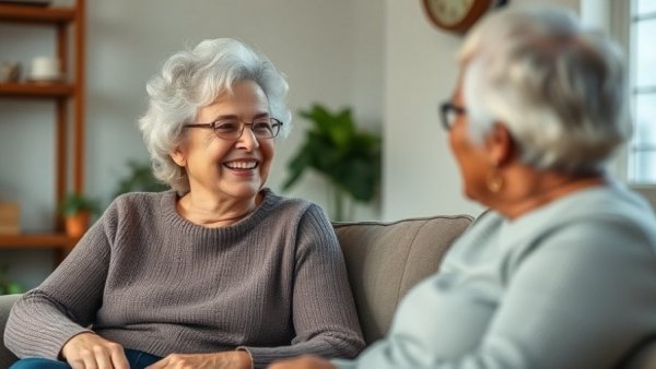 Smiling older woman engaging in conversation in a simple indoor setting.