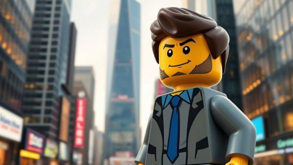 Animated Lego businessman in cityscape, illustrating self-worth.