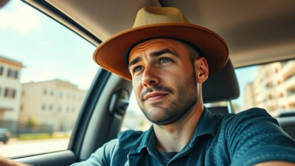 Relaxed man in car with trucker hat, Less Noise. More Life.