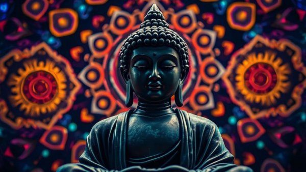 Healing Power of Indian Flute and Singing Bowls depicted with serene Buddha statue and cosmic patterns.