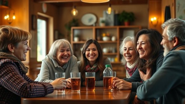 Happy scene illustrating keys to happiness in a café.