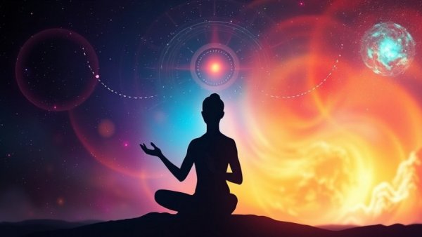 Ethereal meditation with technology interface, colorful aura.