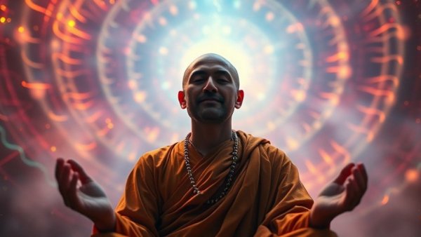 Monk meditating in a cosmic setting with OM chanting theme.