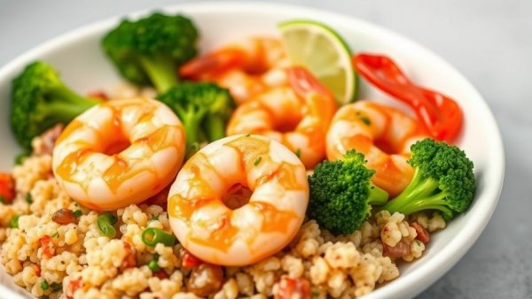 Zesty Lime Shrimp & Broccoli Quinoa Bowl with shrimp and broccoli on a white plate.