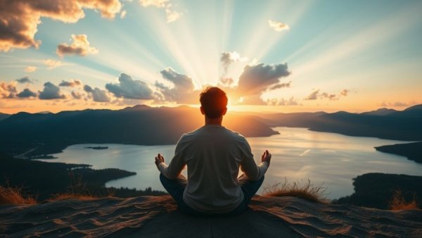 Evening meditation in tranquil mountain sunset scene with dramatic sun rays.