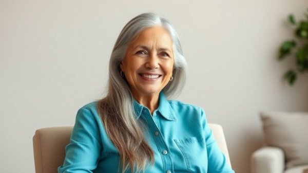 Older woman in turquoise, smiling indoors, highlighting warning signs of kidney damage.