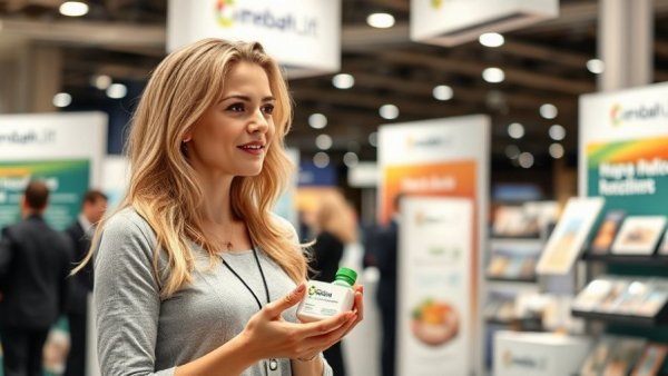 Blonde woman presenting Patch Method nutrition product at event booth.