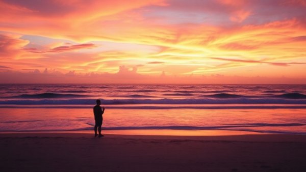 Sunset beach solitude, muscle and energy for graceful aging theme.