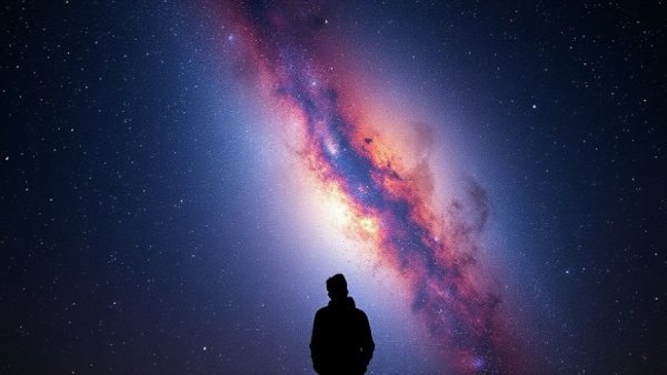 Person stargazing under a cosmic galaxy sky, feel connected with the universe.