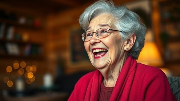 Elderly woman smiling warmly indoors, exemplifying positive overthinking.